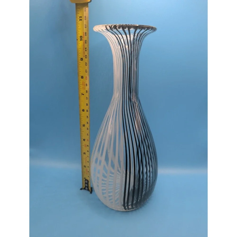 Hand Blown Art Glass Vase Black and White Striped Swirl Clear 10.5